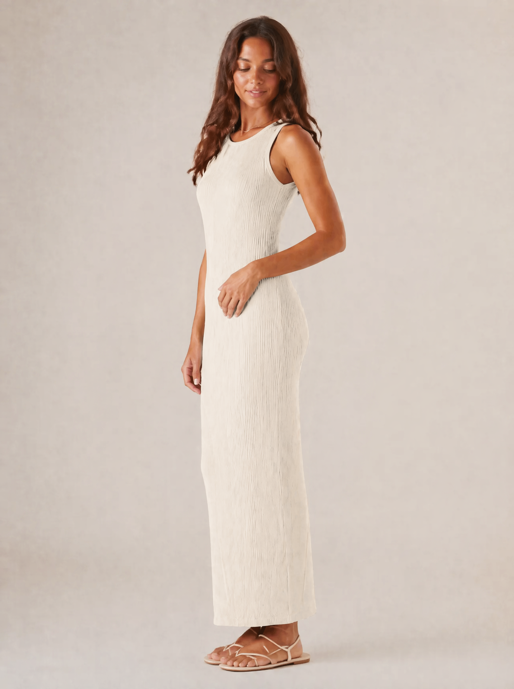 Ribbed Knit Maxi Dress in Cream — 3/4 angle view