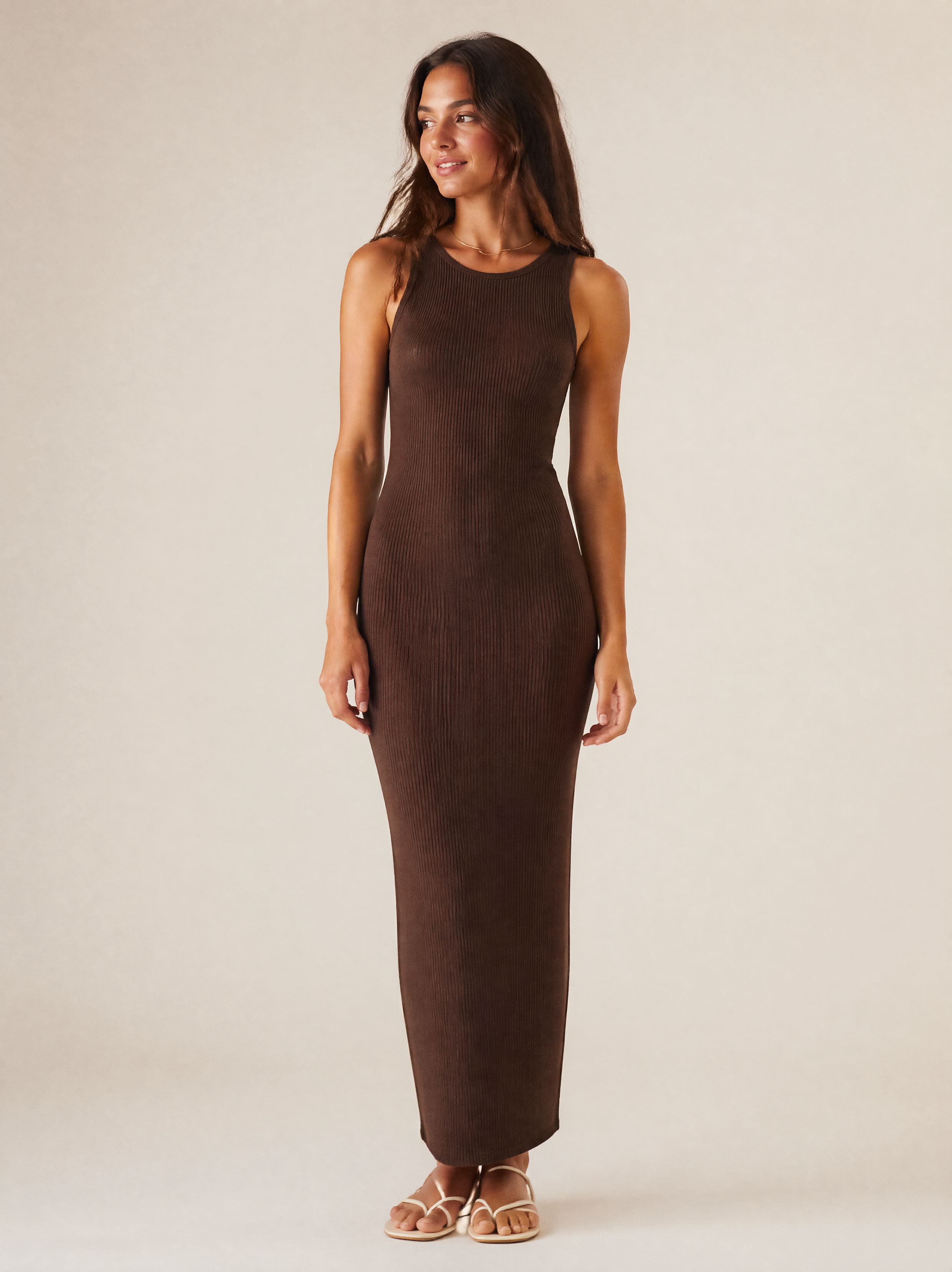Ribbed Knit Maxi Dress in Mocha — Front view