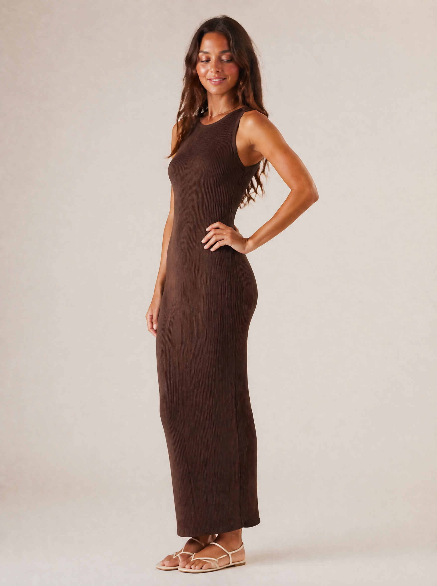 Ribbed Knit Maxi Dress in Mocha — 3/4 angle view