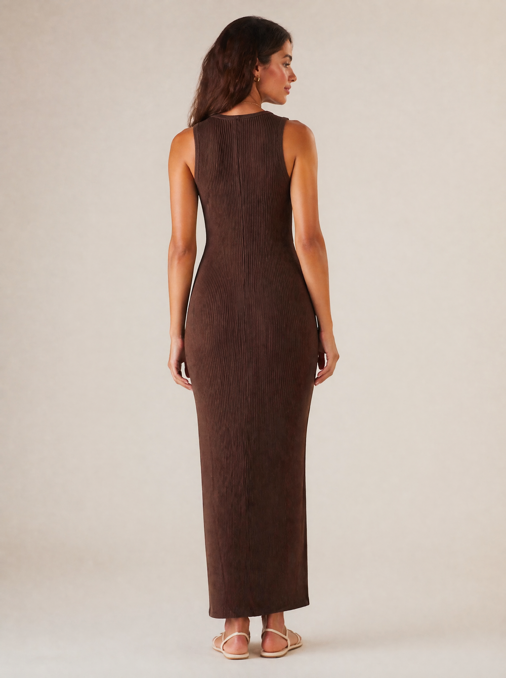 Ribbed Knit Maxi Dress in Mocha — Back view