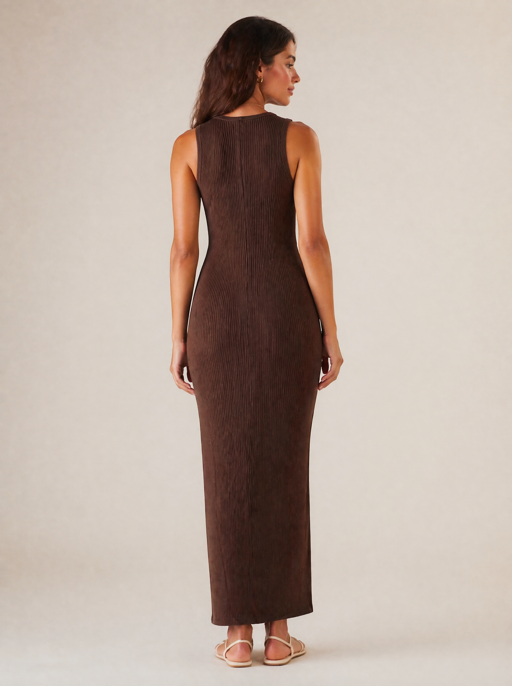 Ribbed Knit Maxi Dress in Mocha — Back view
