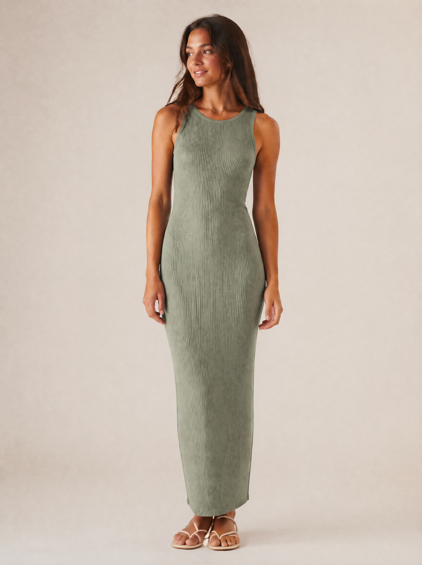 Ribbed Knit Maxi Dress in Sage Green — Front view