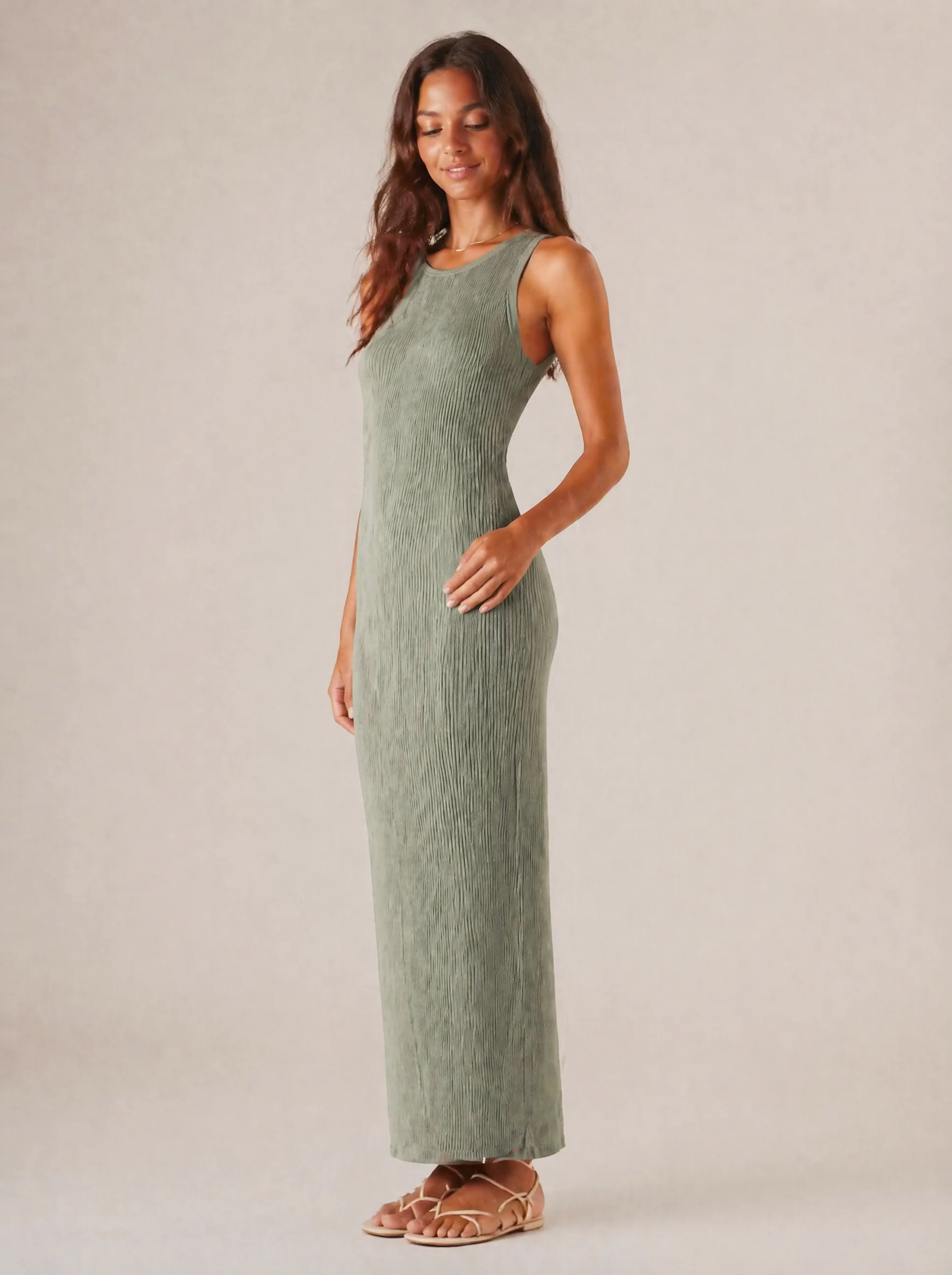 Ribbed Knit Maxi Dress in Sage Green — 3/4 angle view