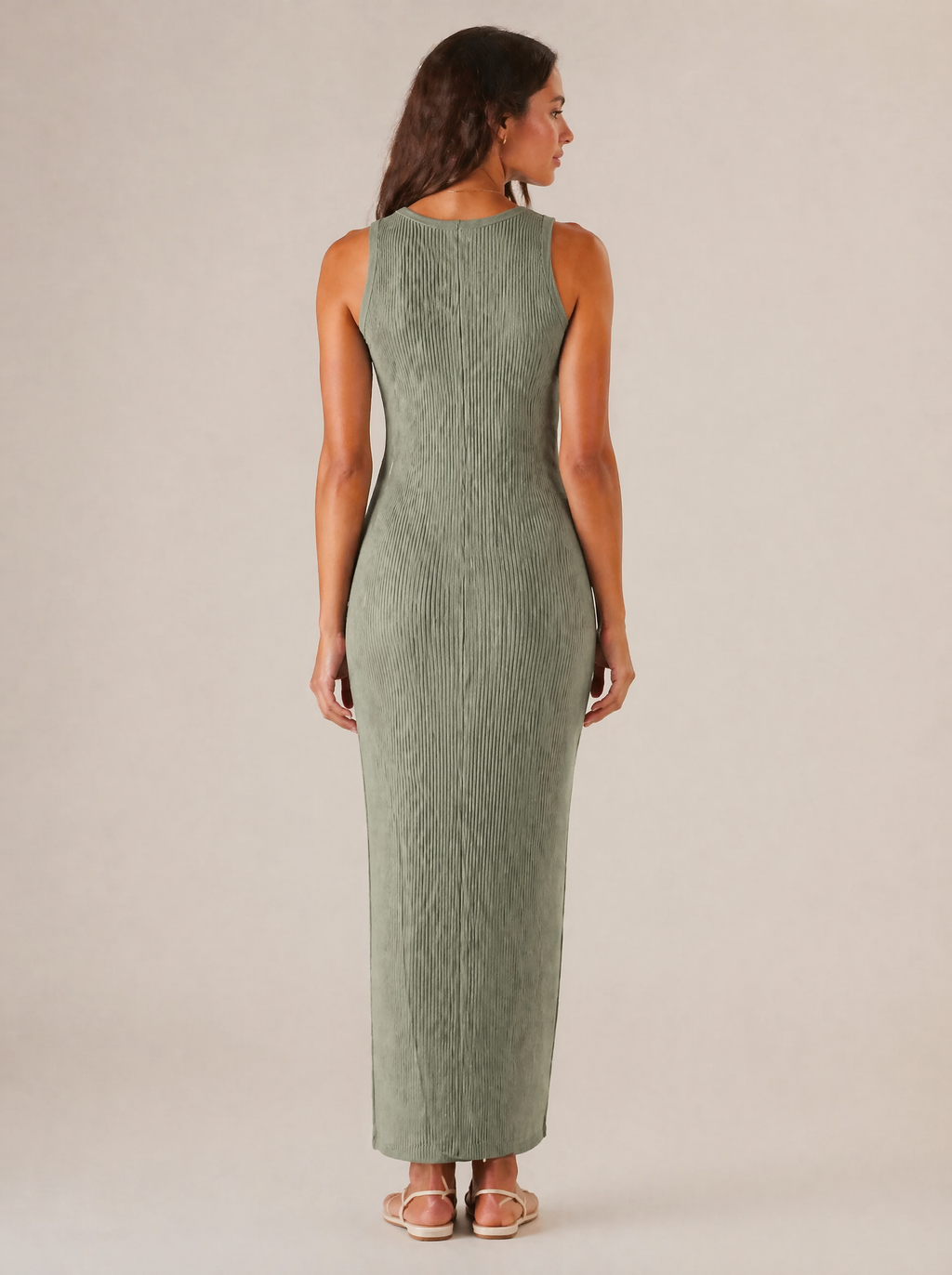 Ribbed Knit Maxi Dress in Sage Green — Back view