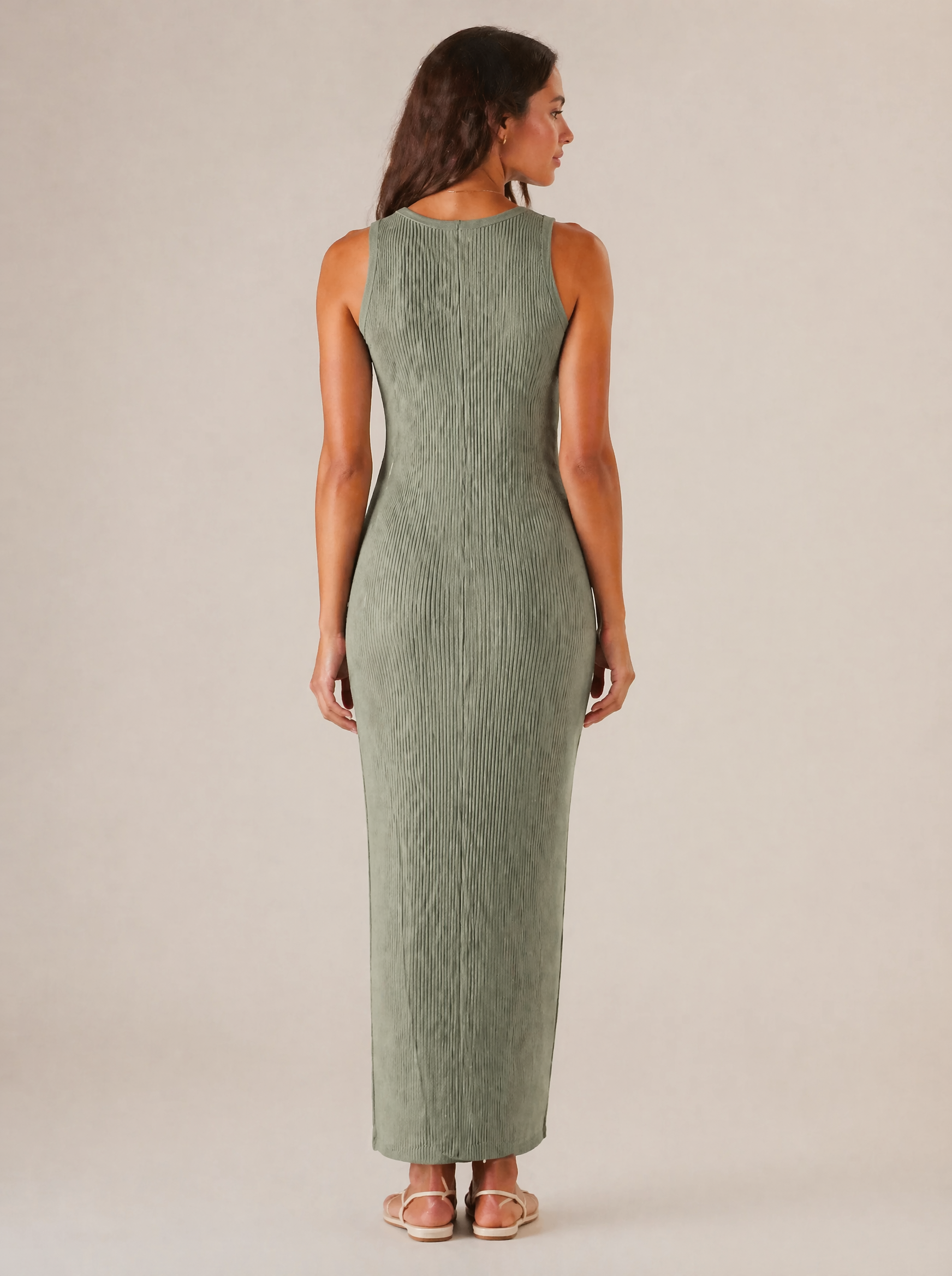 Ribbed Knit Maxi Dress in Sage Green — Back view