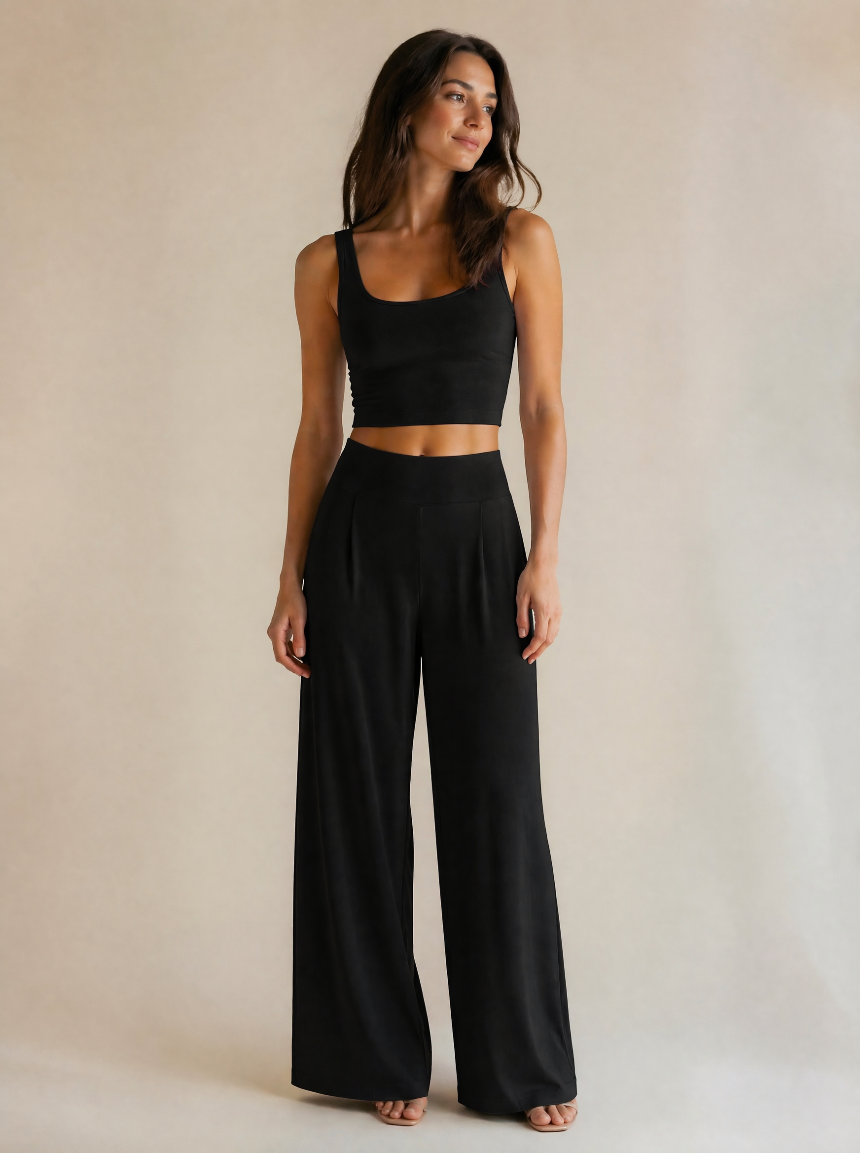 Crop Tank & Wide Leg Trouser Set in Black — Front view