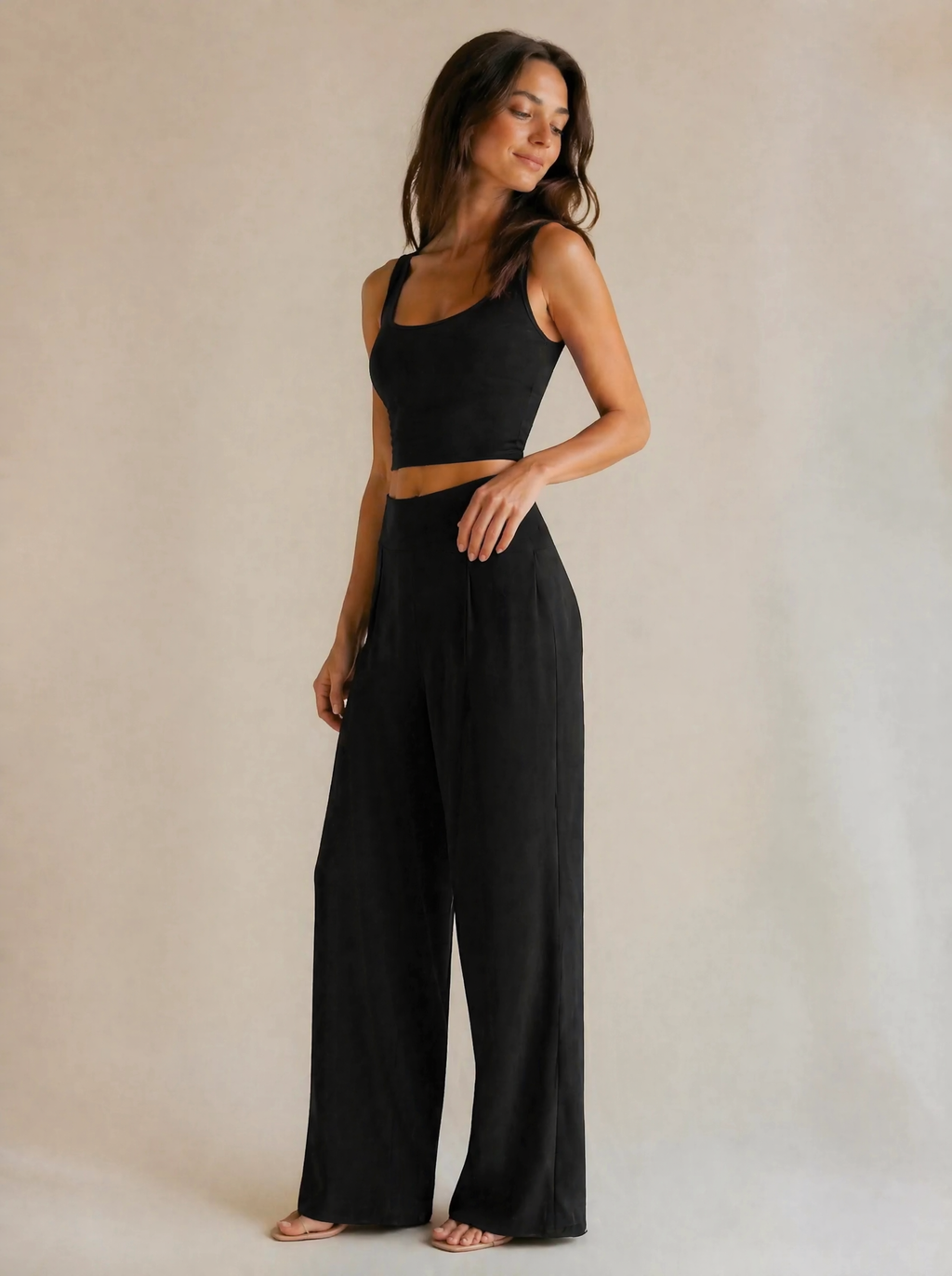 Crop Tank & Wide Leg Trouser Set in Black — 3/4 angle view