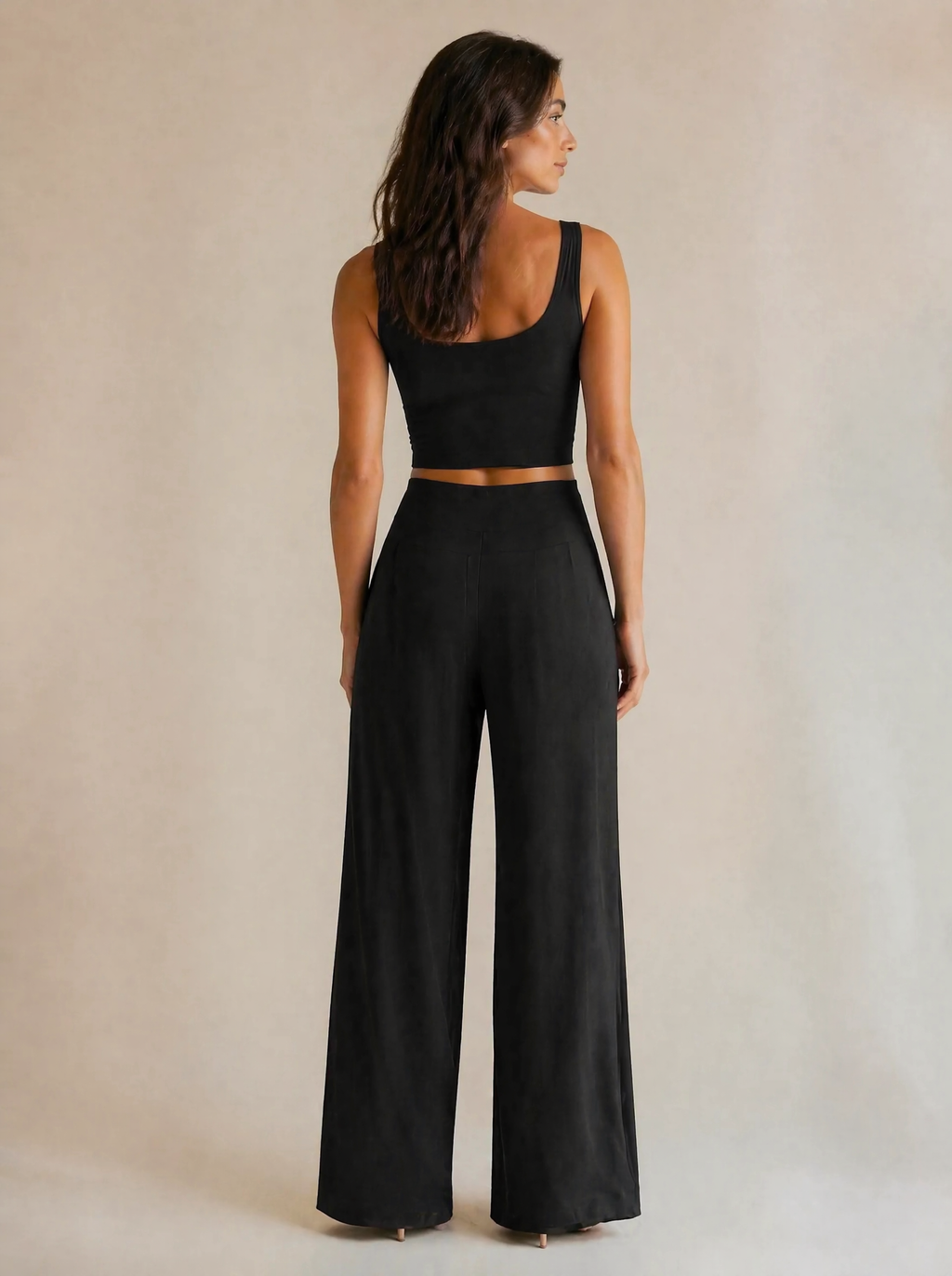 Crop Tank & Wide Leg Trouser Set in Black — Back view