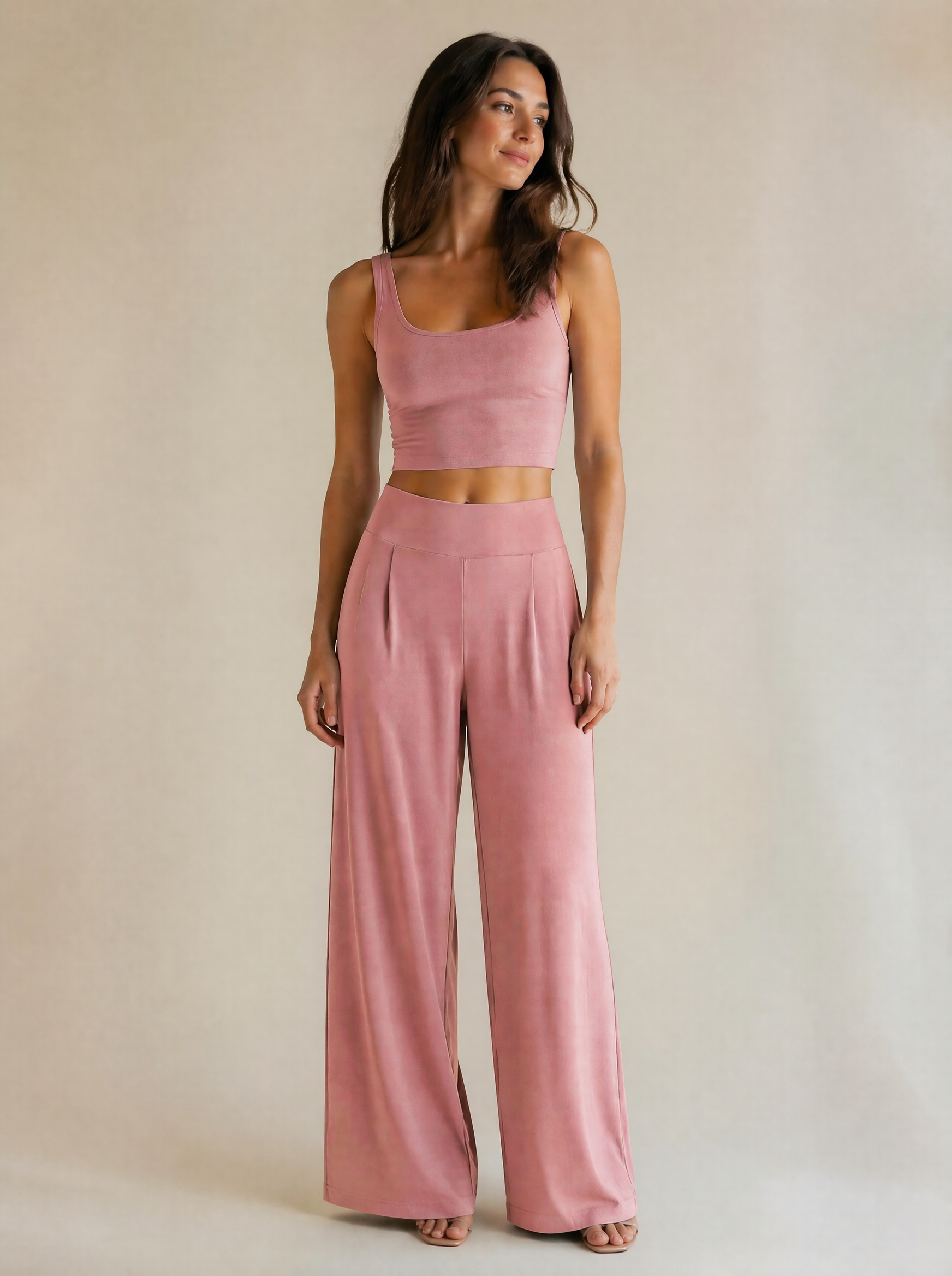 Crop Tank & Wide Leg Trouser Set in Dusty Rose — Front view