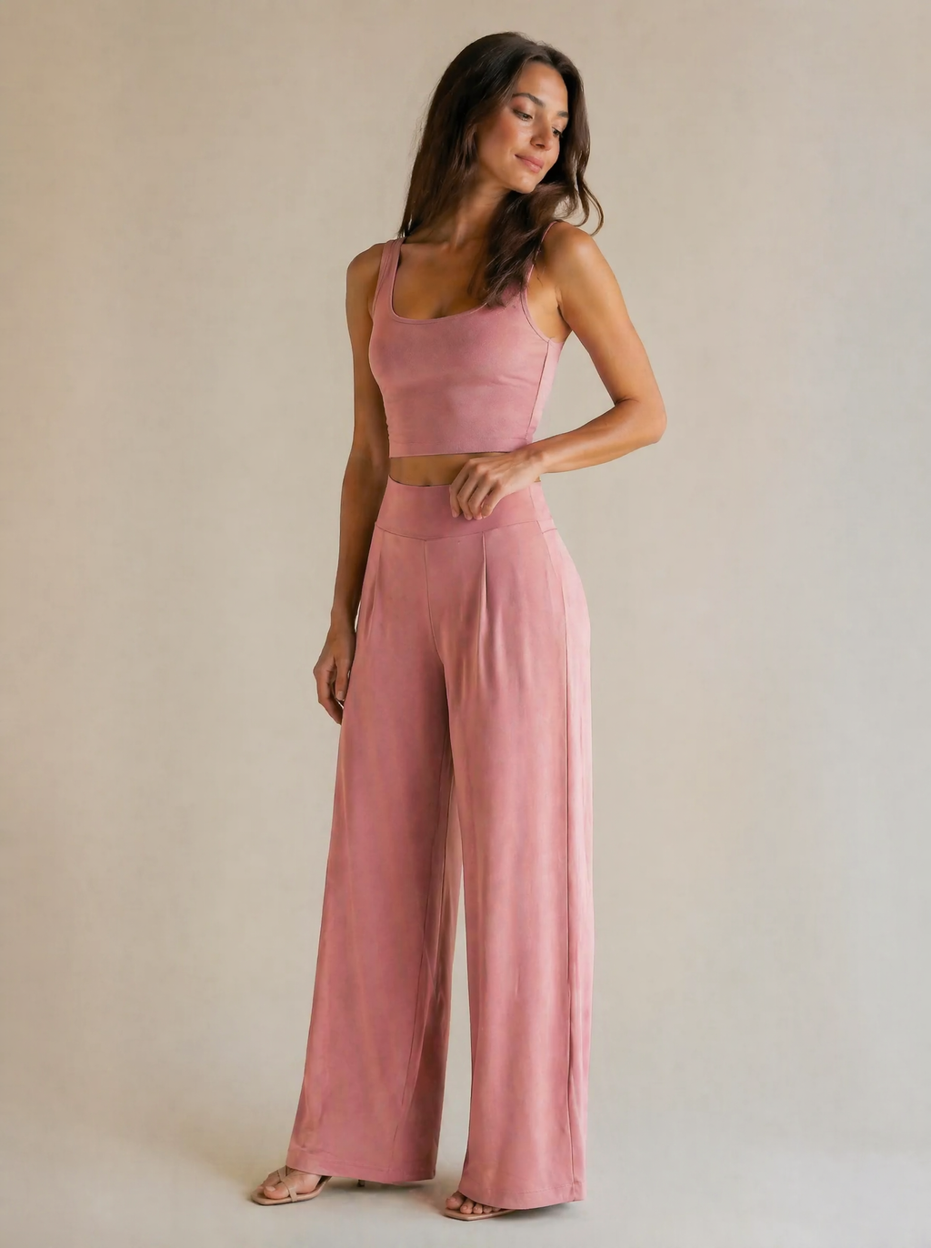Crop Tank & Wide Leg Trouser Set in Dusty Rose — 3/4 angle view