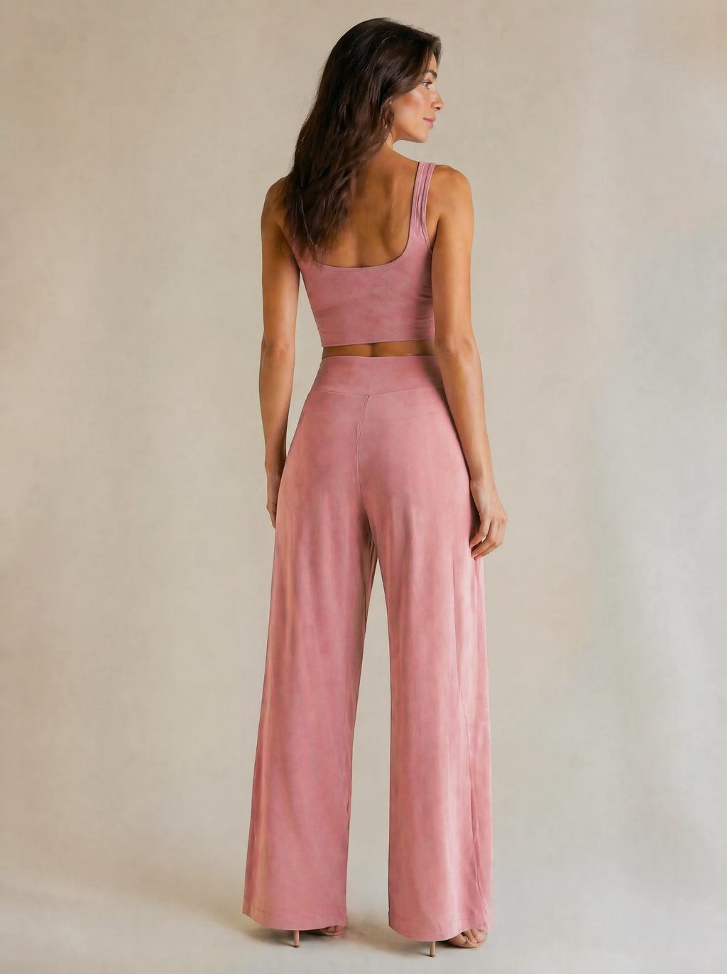 Crop Tank & Wide Leg Trouser Set in Dusty Rose — Back view