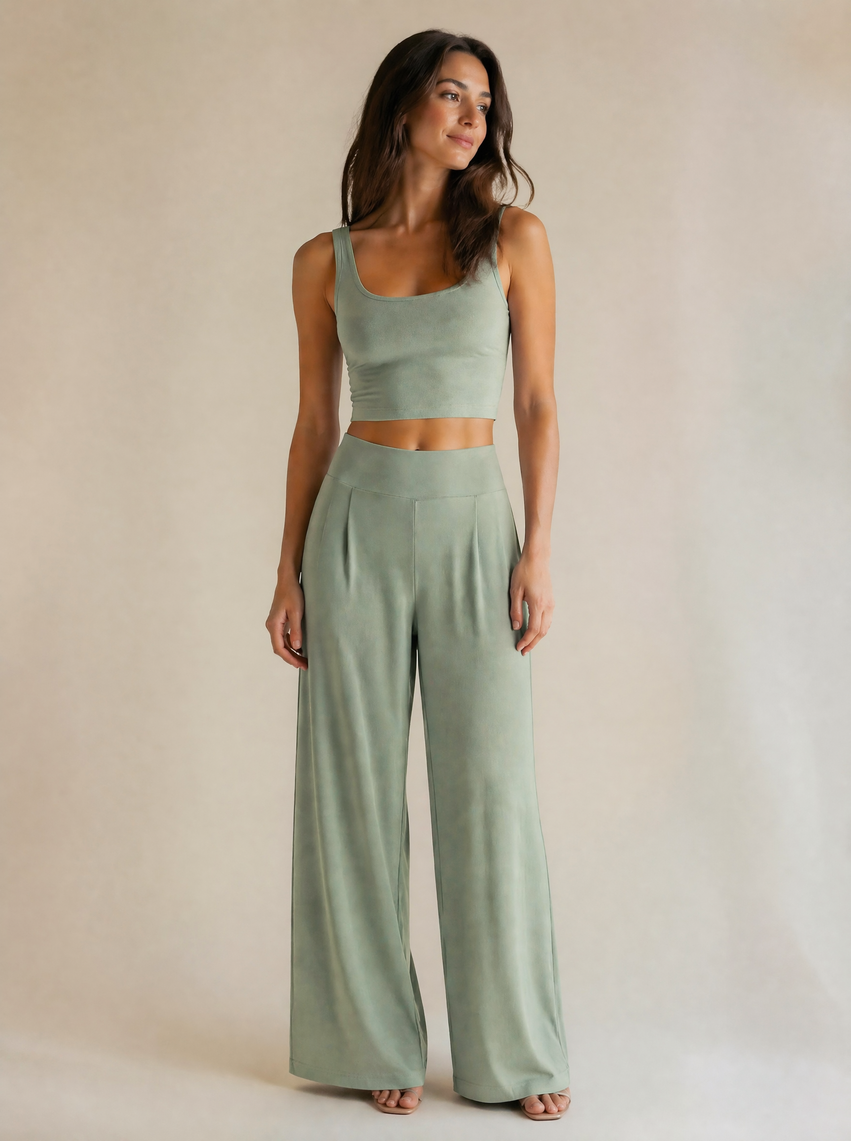 Crop Tank & Wide Leg Trouser Set in Sage Green — Front view