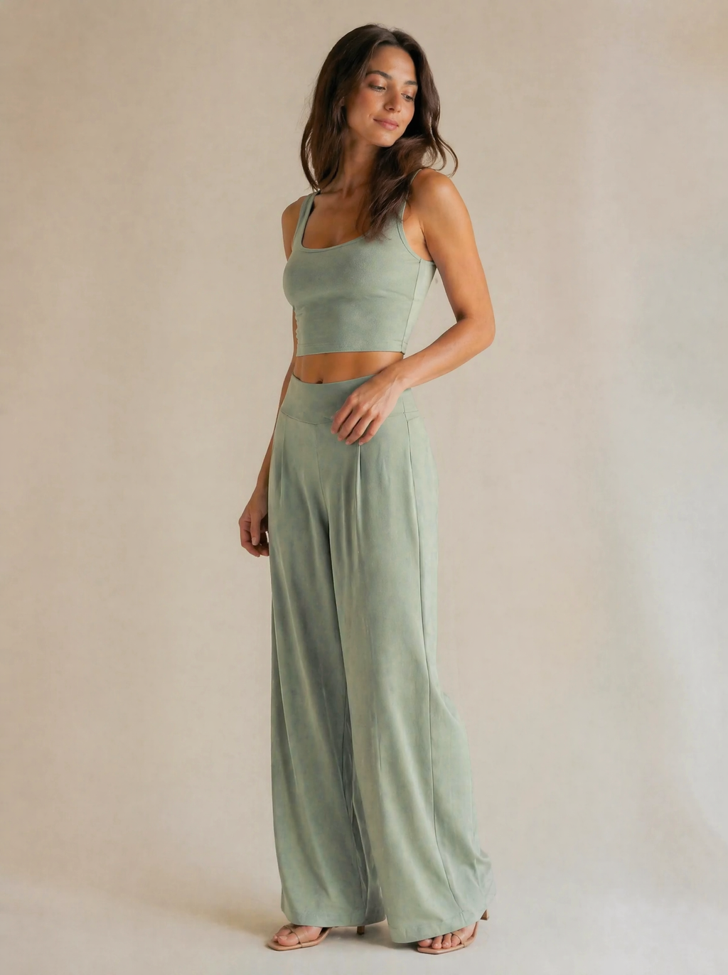 Crop Tank & Wide Leg Trouser Set in Sage Green — 3/4 angle view