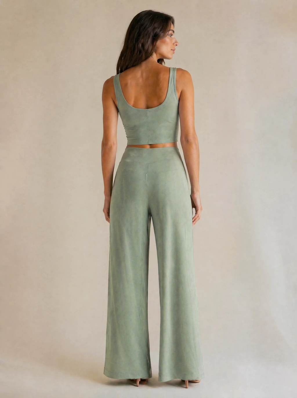 Crop Tank & Wide Leg Trouser Set in Sage Green — Back view