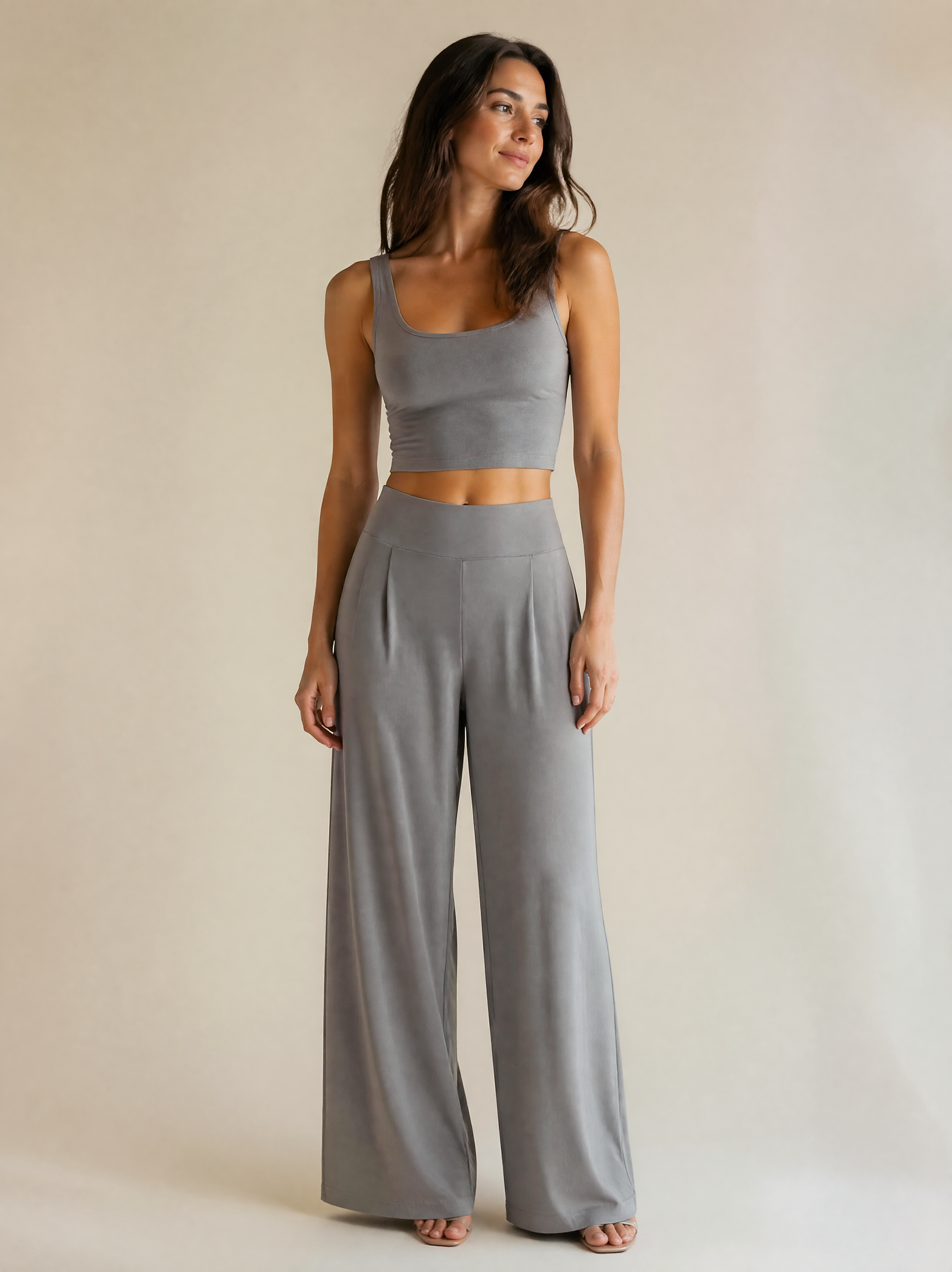 Crop Tank & Wide Leg Trouser Set in Stone/Dove Grey — Front view