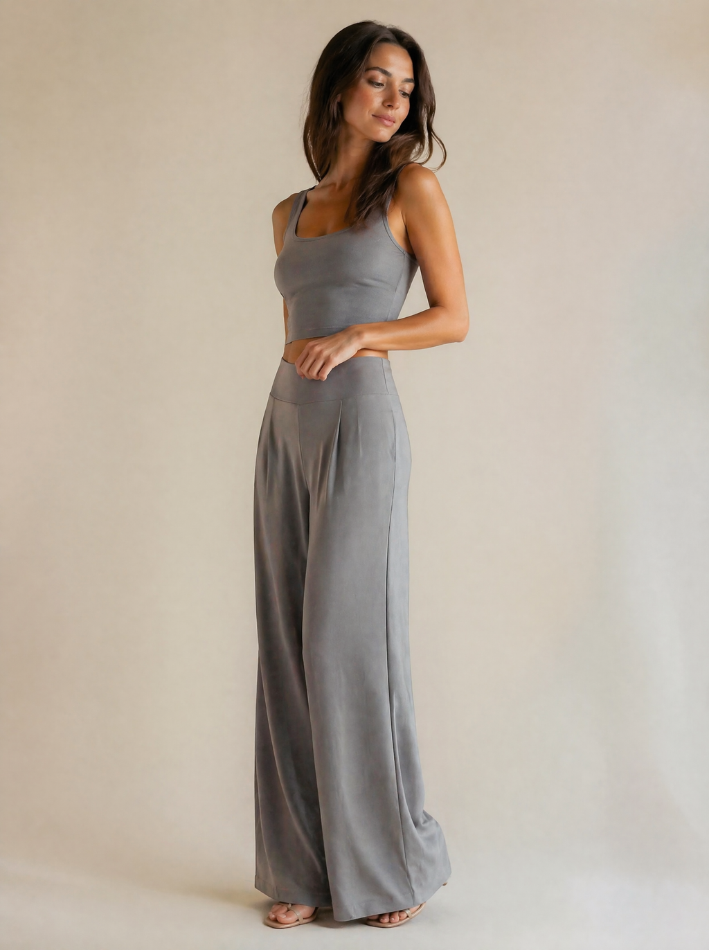 Crop Tank & Wide Leg Trouser Set in Stone/Dove Grey — 3/4 angle view