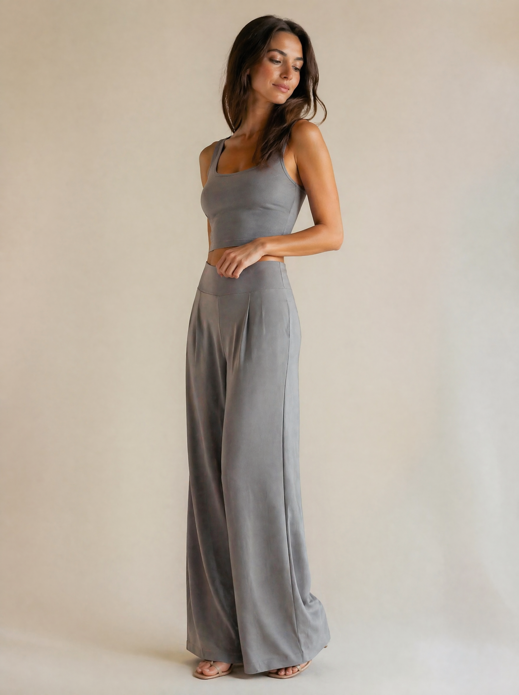 Crop Tank & Wide Leg Trouser Set in Stone/Dove Grey — 3/4 angle view