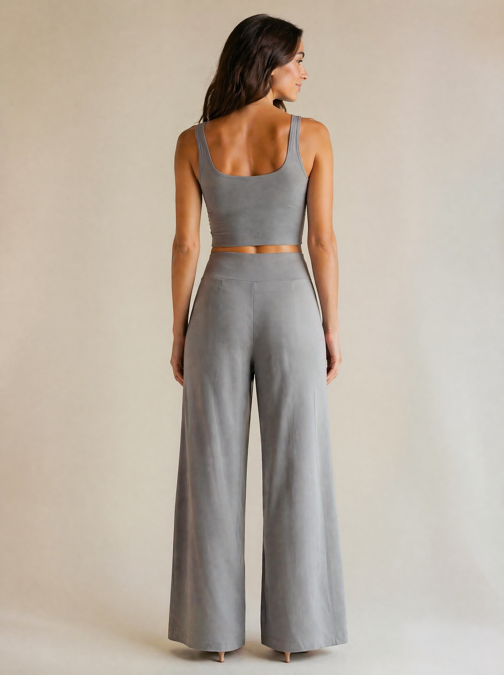 Crop Tank & Wide Leg Trouser Set in Stone/Dove Grey — Back view
