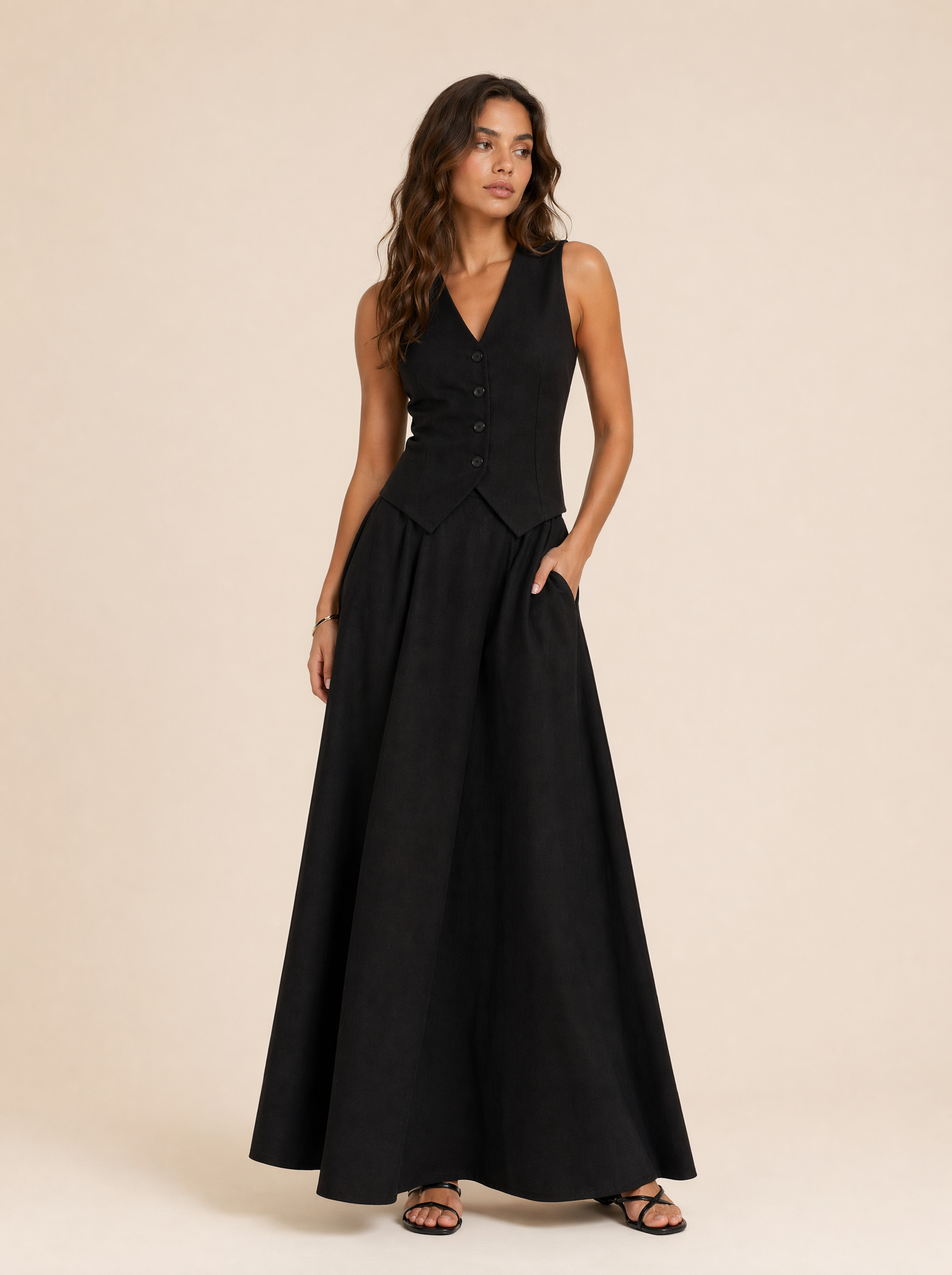 Tailored V-Neck Waistcoat & Pocket Maxi Skirt Set in Black — Front view