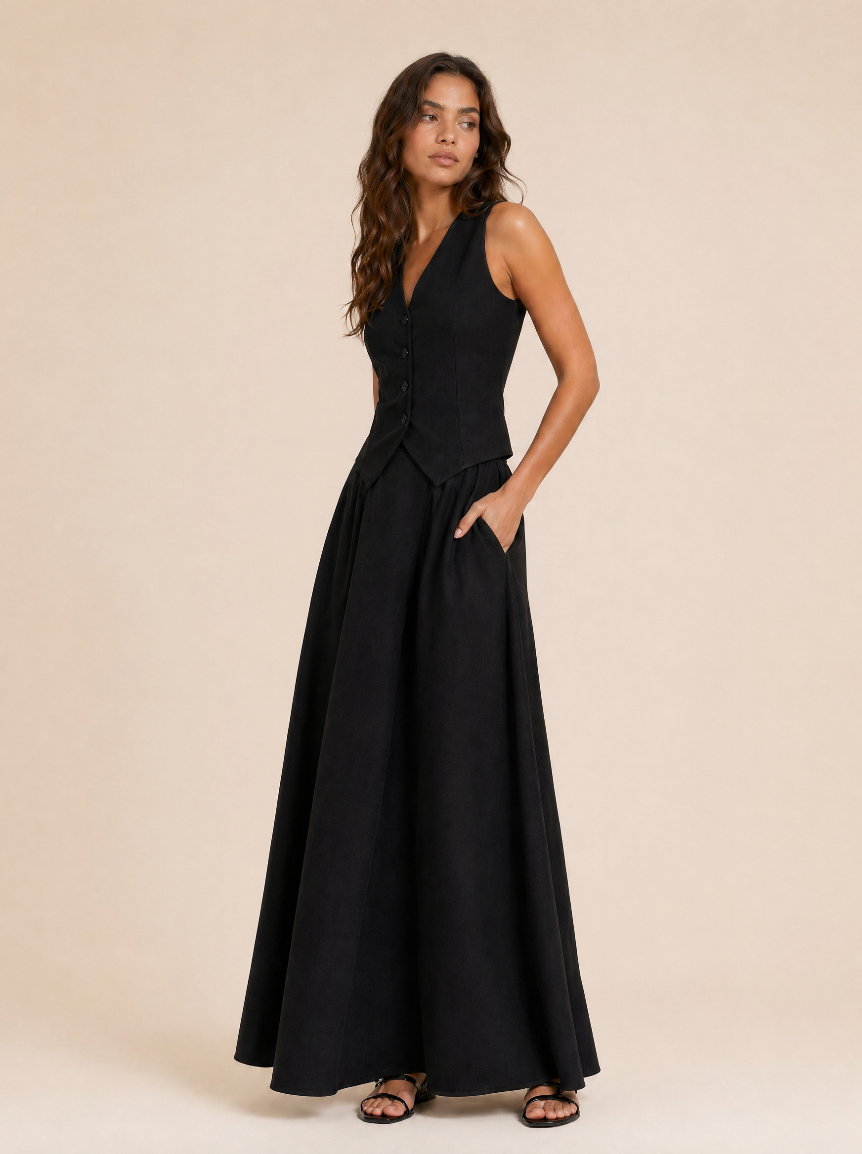 Tailored V-Neck Waistcoat & Pocket Maxi Skirt Set in Black — 3/4 angle view