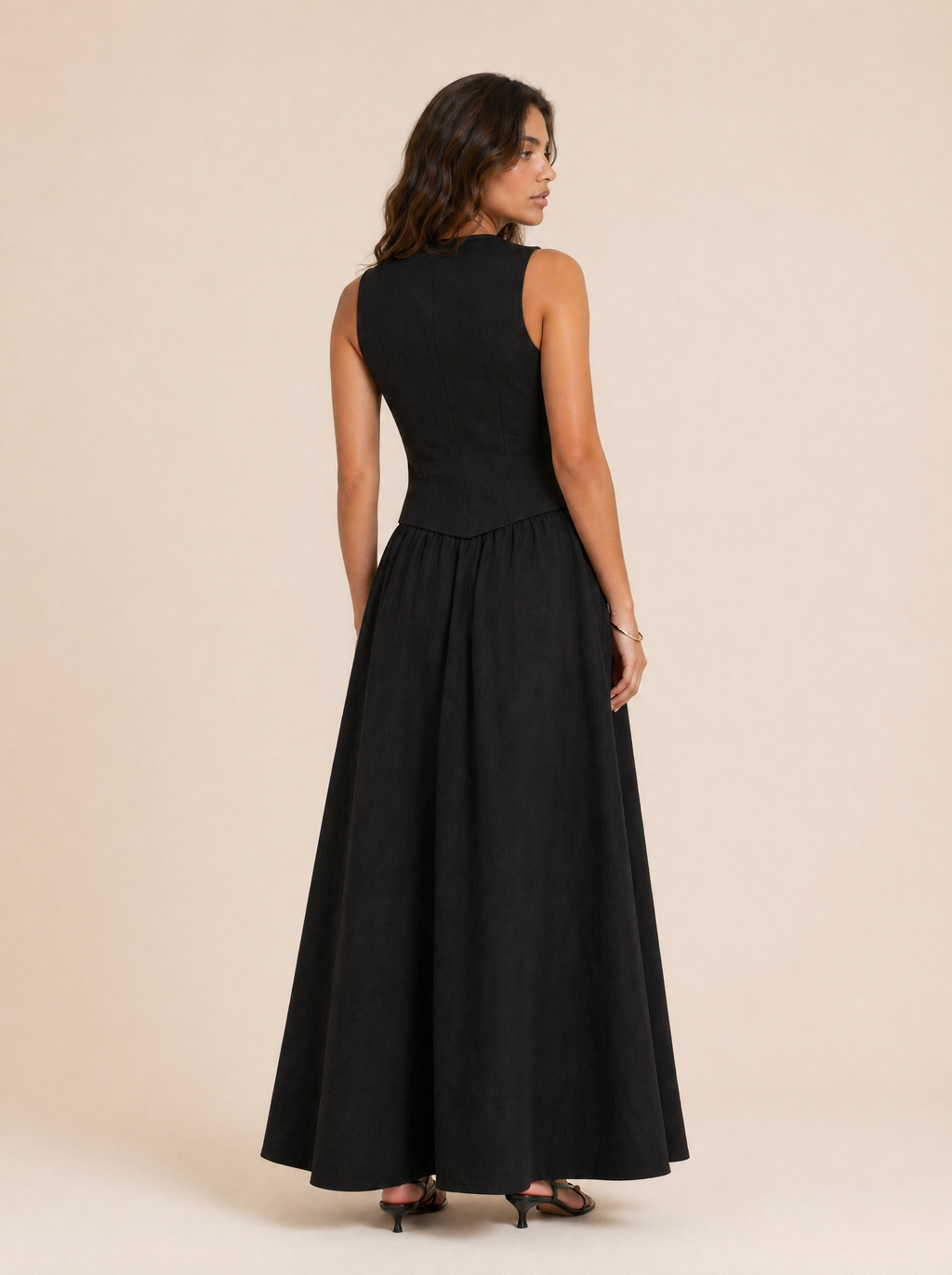 Tailored V-Neck Waistcoat & Pocket Maxi Skirt Set in Black — Back view
