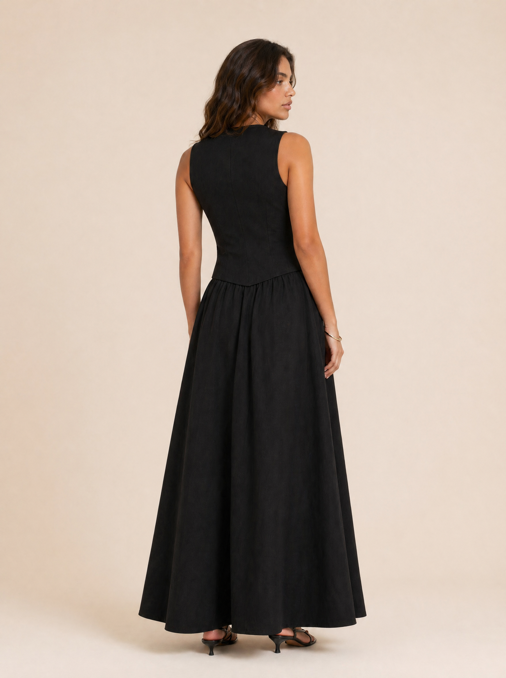 Tailored V-Neck Waistcoat & Pocket Maxi Skirt Set in Black — Back view