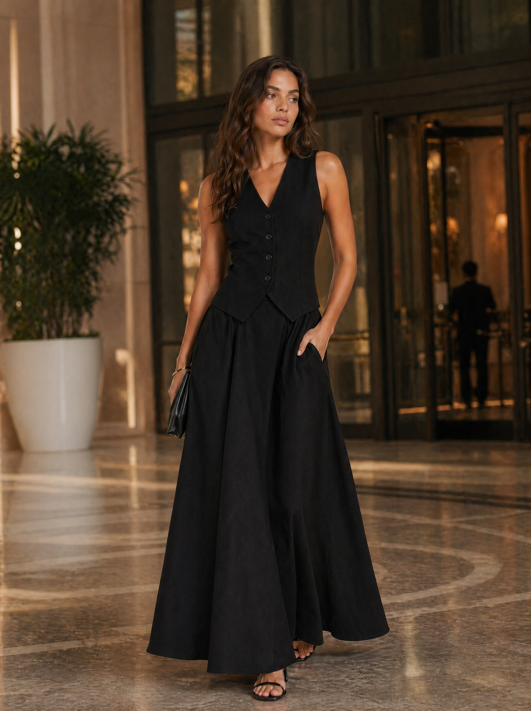 Tailored V-Neck Waistcoat & Pocket Maxi Skirt Set in Black — Lifestyle full
