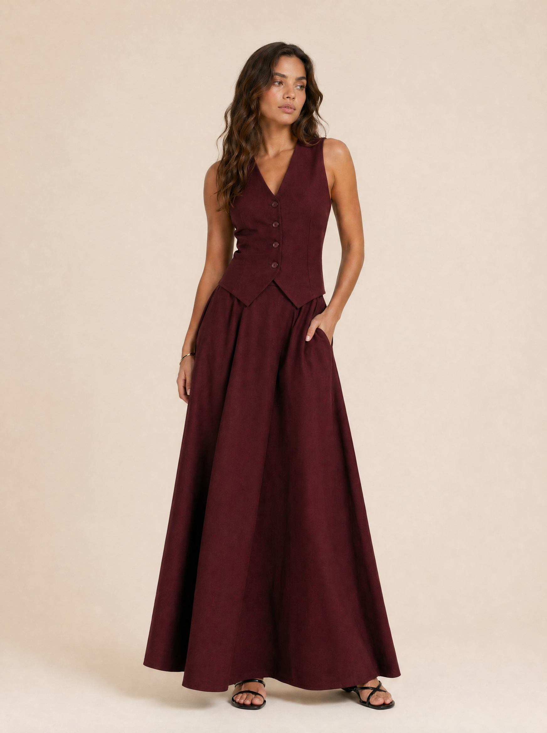 Tailored V-Neck Waistcoat & Pocket Maxi Skirt Set in Burgundy — Front view