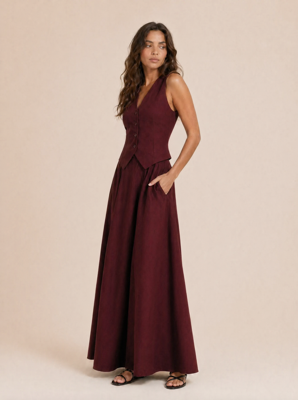 Tailored V-Neck Waistcoat & Pocket Maxi Skirt Set in Burgundy — 3/4 angle view