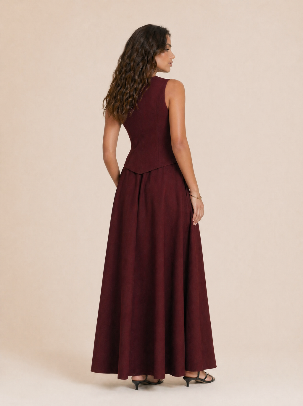 Tailored V-Neck Waistcoat & Pocket Maxi Skirt Set in Burgundy — Back view