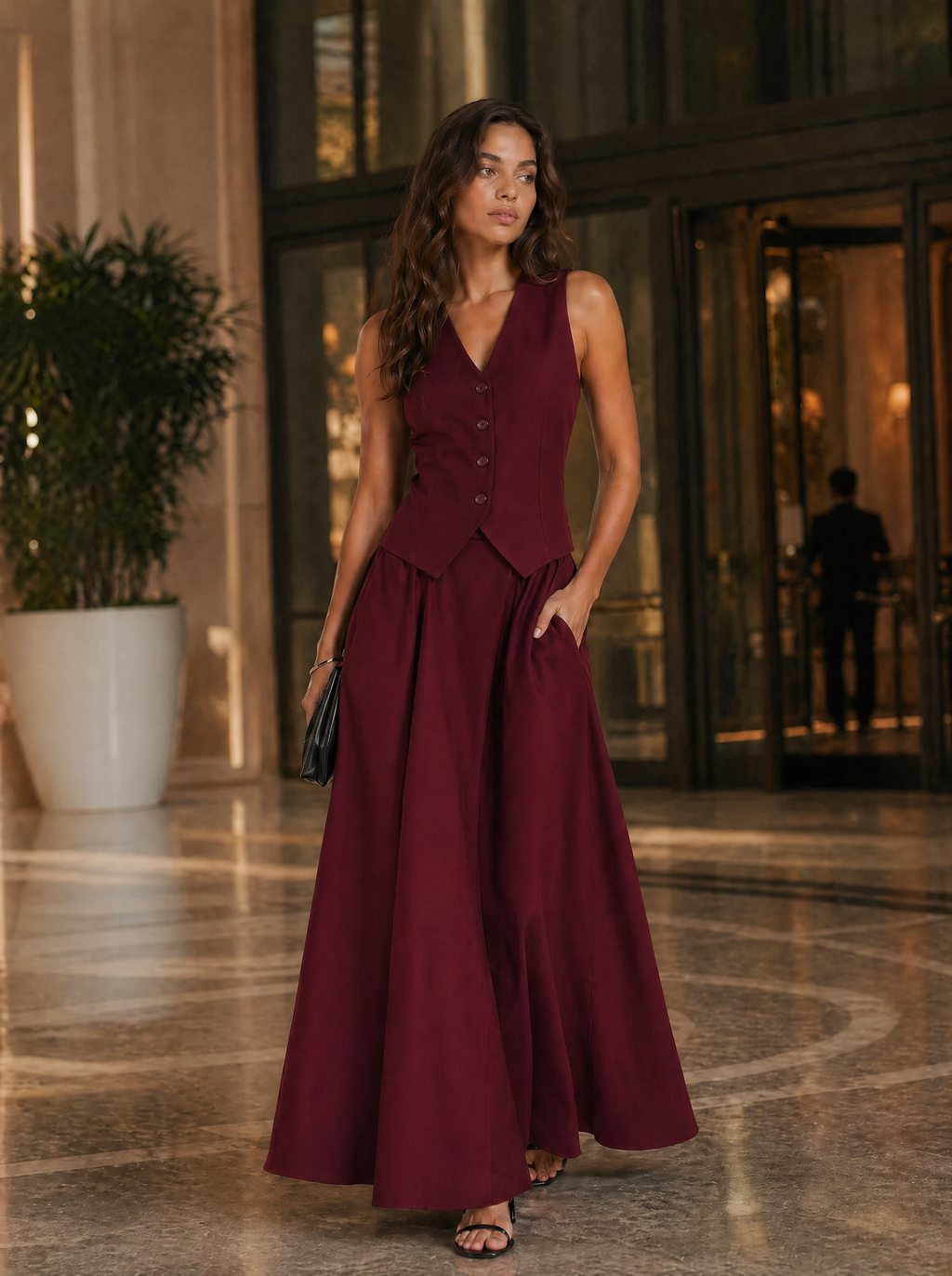 Tailored V-Neck Waistcoat & Pocket Maxi Skirt Set in Burgundy — Lifestyle full