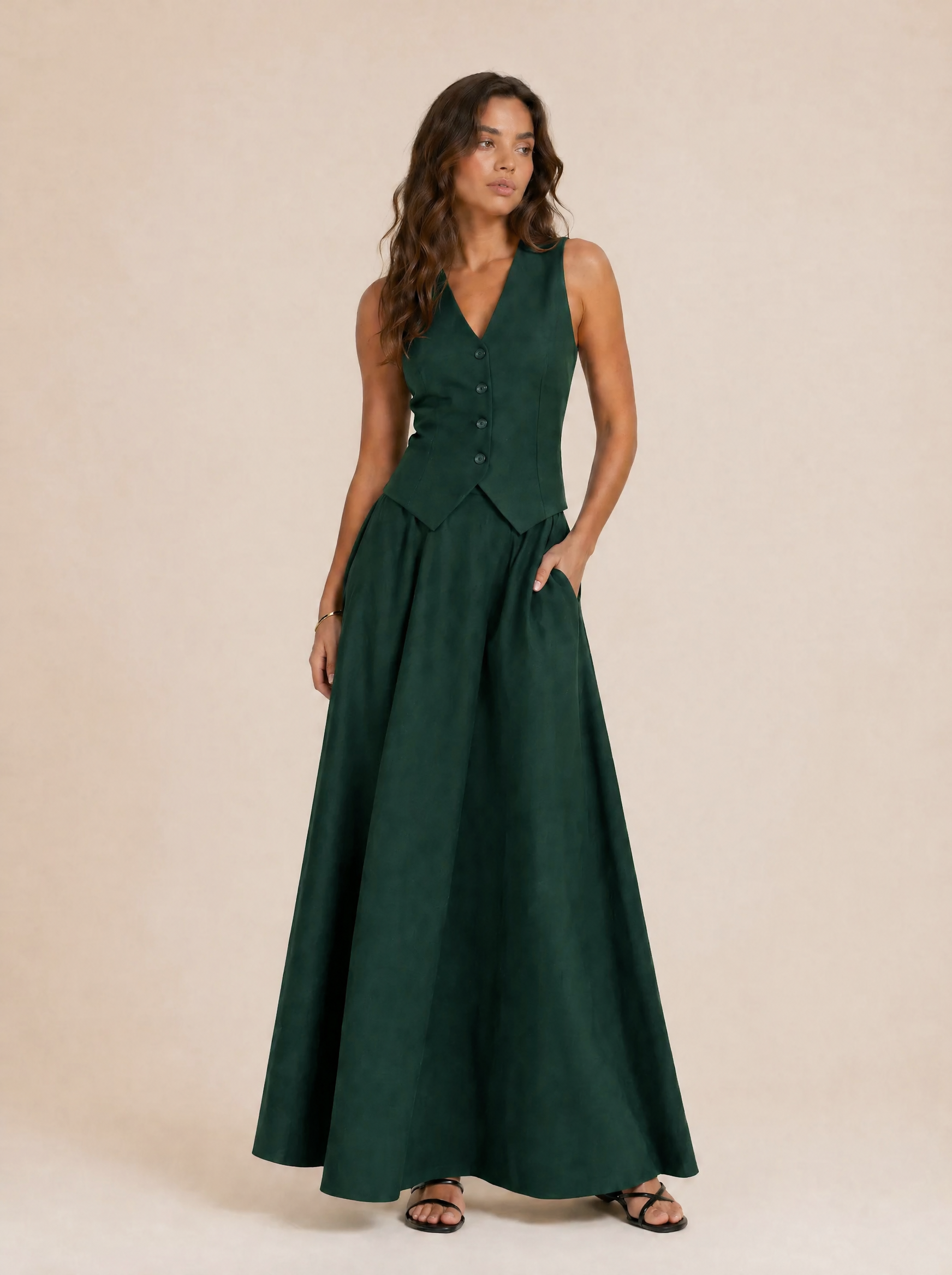 Tailored V-Neck Waistcoat & Pocket Maxi Skirt Set in Forest Green — Front view