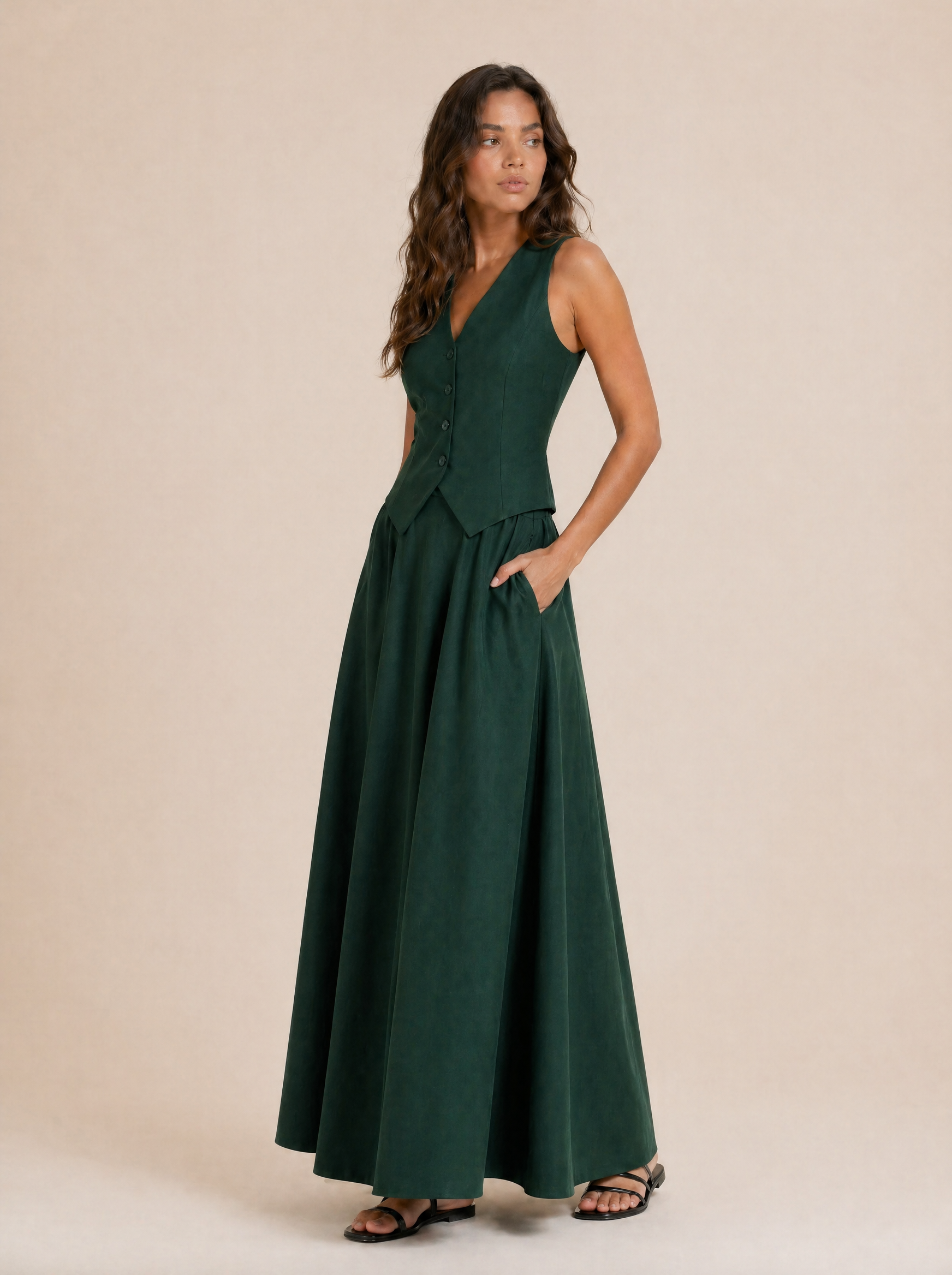 Tailored V-Neck Waistcoat & Pocket Maxi Skirt Set in Forest Green — 3/4 angle view