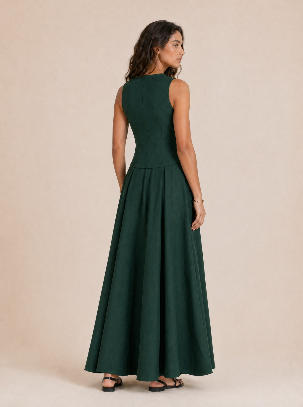 Tailored V-Neck Waistcoat & Pocket Maxi Skirt Set in Forest Green — Back view