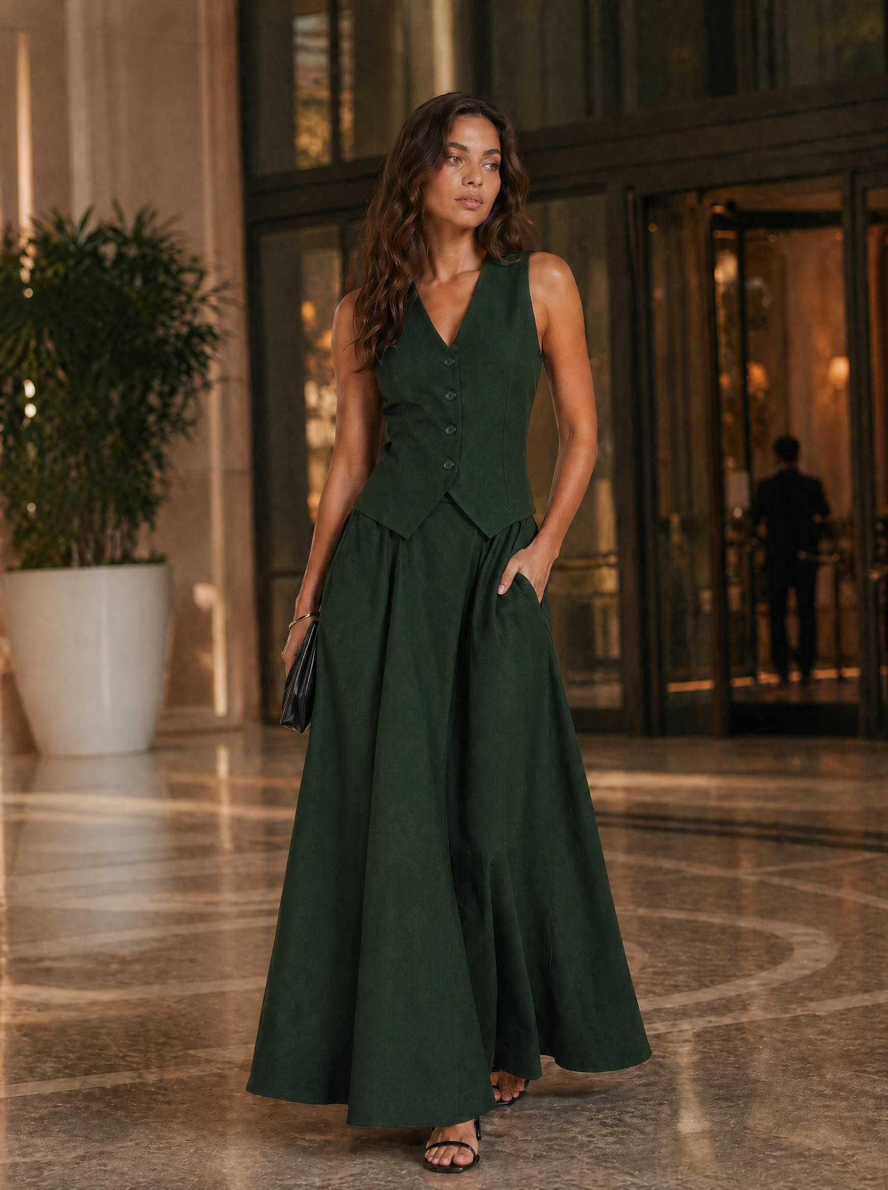 Tailored V-Neck Waistcoat & Pocket Maxi Skirt Set in Forest Green — Lifestyle full