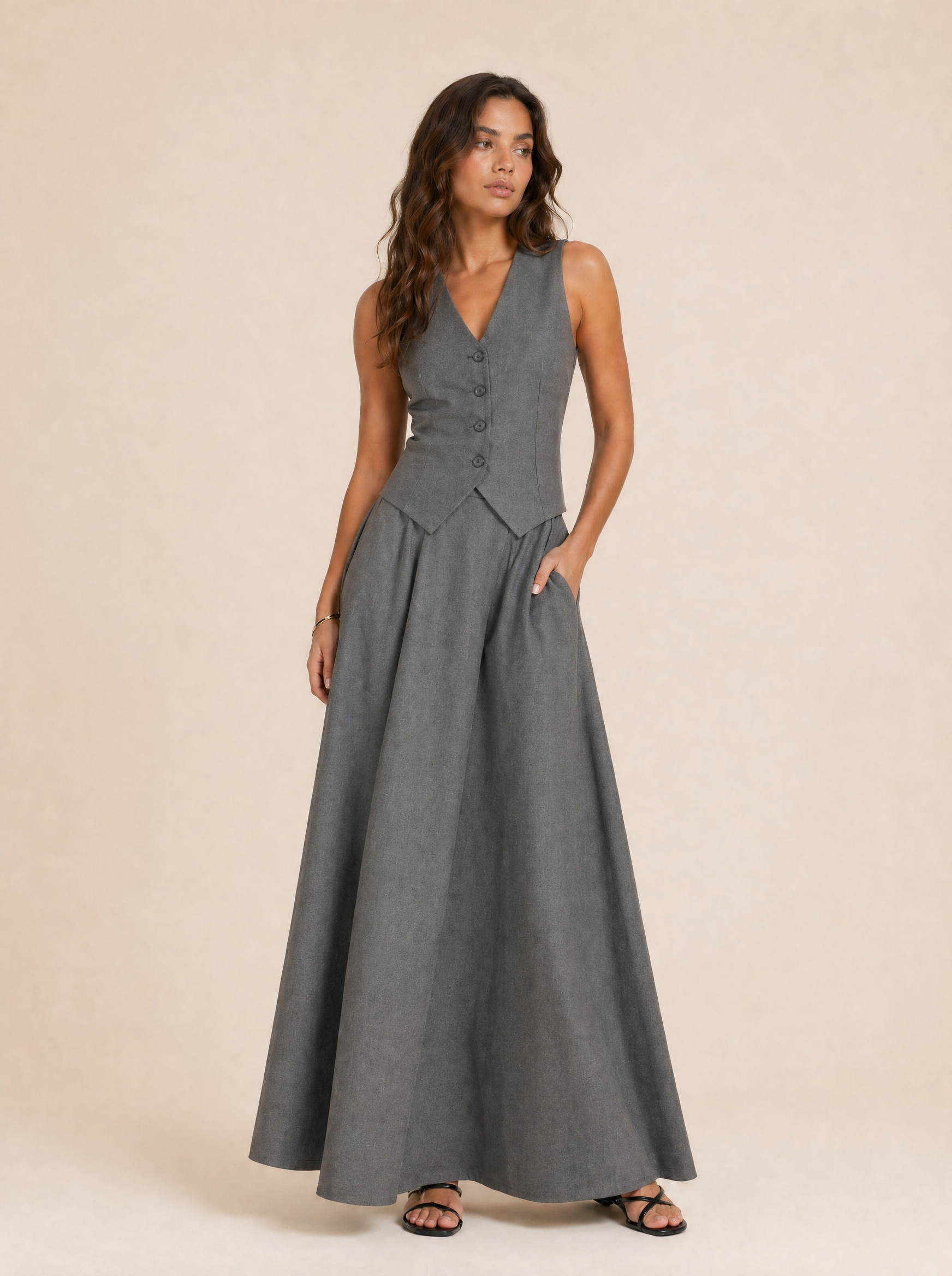 Tailored V-Neck Waistcoat & Pocket Maxi Skirt Set in Stone Grey — Front view