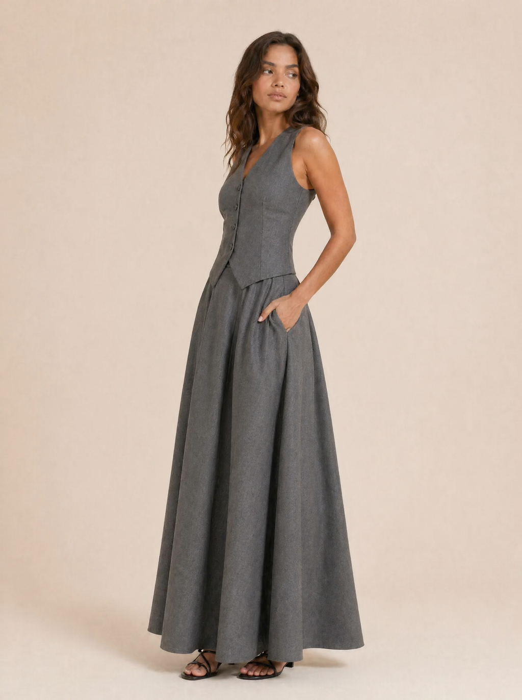 Tailored V-Neck Waistcoat & Pocket Maxi Skirt Set in Stone Grey — 3/4 angle view