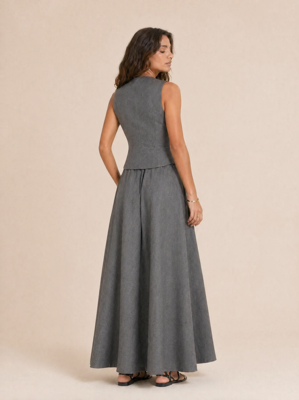Tailored V-Neck Waistcoat & Pocket Maxi Skirt Set in Stone Grey — Back view
