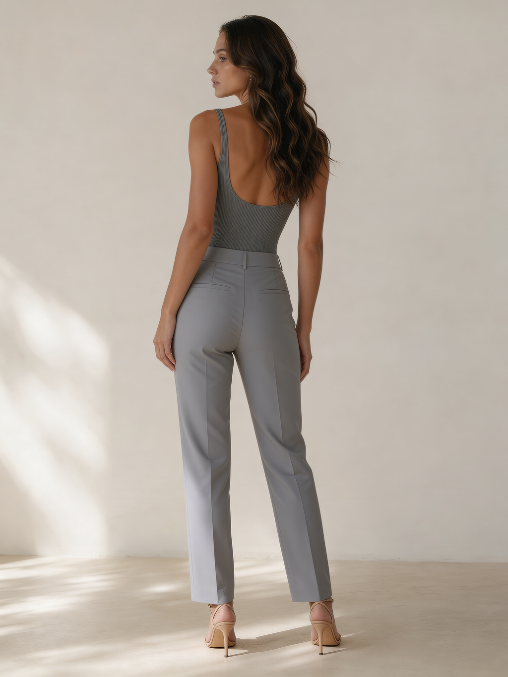 Sculpting Ribbed Scoop-Neck Bodysuit in Stone Grey — Back view