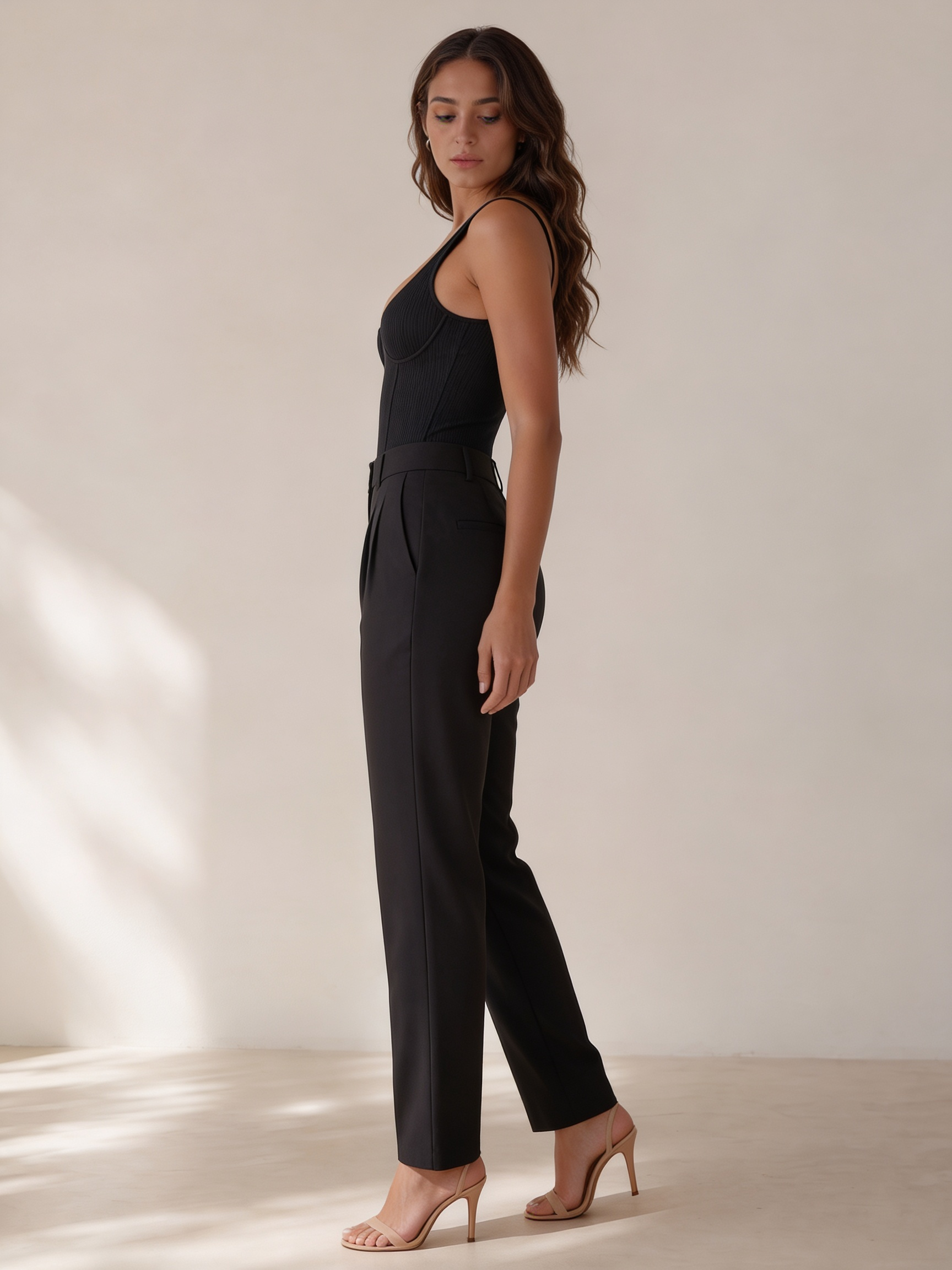 High-Waist Tailored Pleated Straight-Leg Trouser in Black — 3/4 angle view